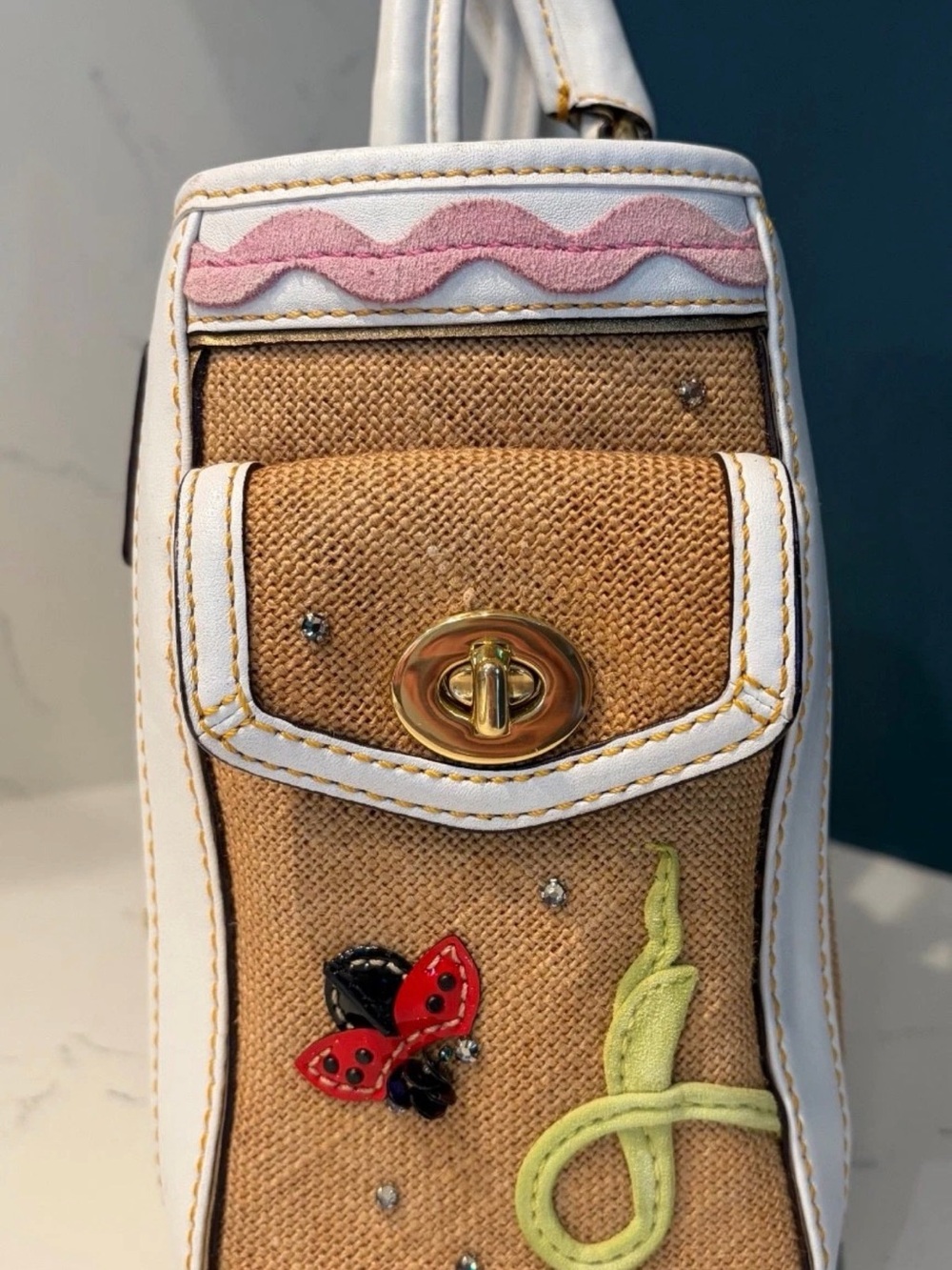 Coach Limited Edition Satchel Tropical Leaf Ladybug Appliqué Vintage RARE - Picture 5 of 14